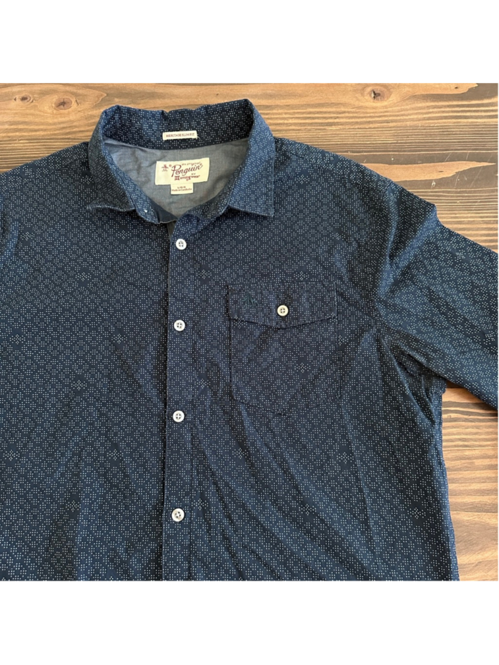 Original Penguin Men’s Button Down Shirt L Navy White Dots Slim Fit Cotton
